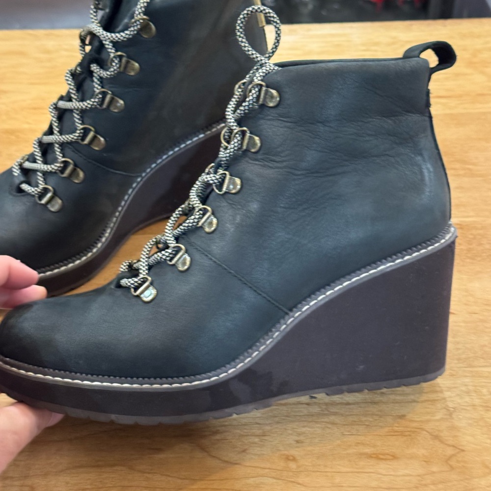 Toms Melrose Black Lace Up Boots with Wedge Heel